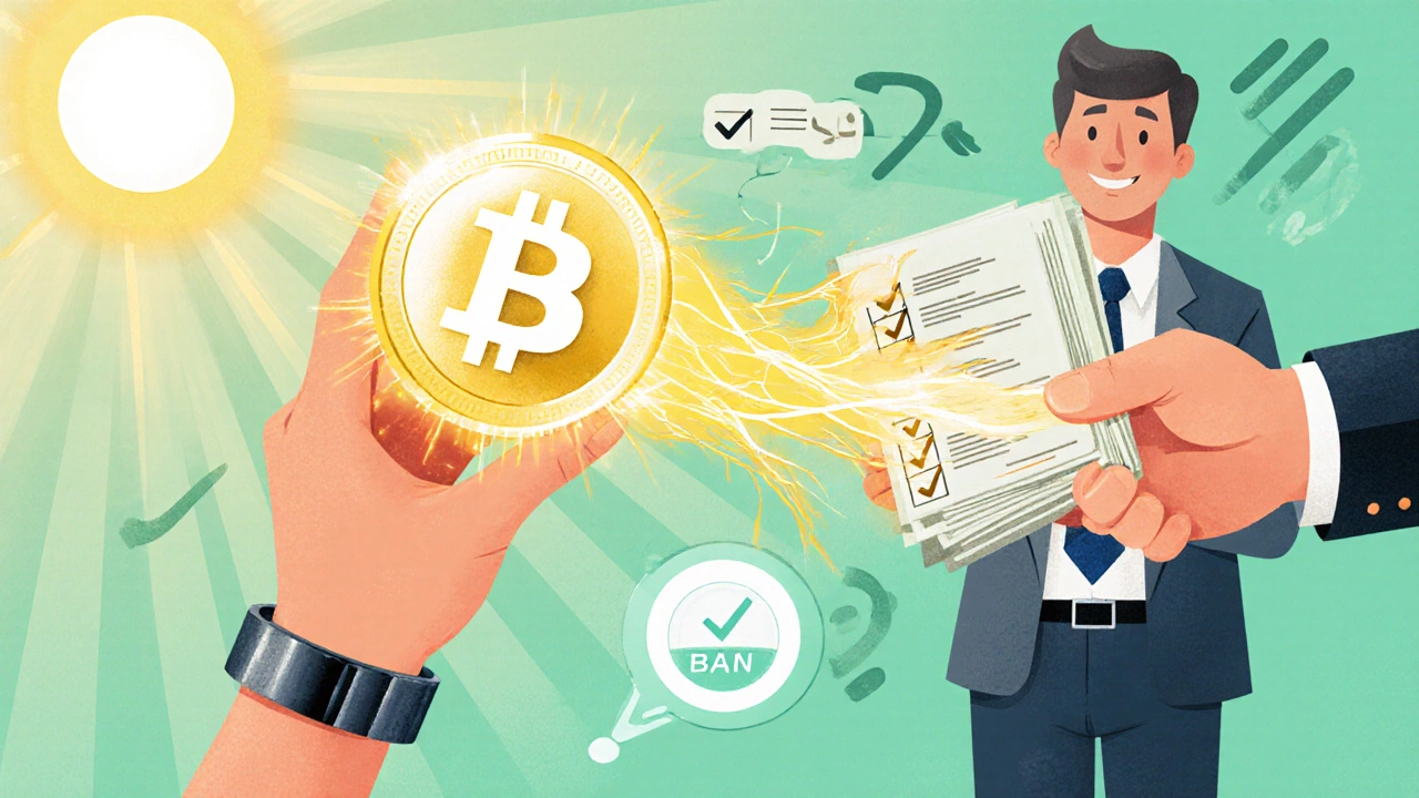 A hand moves crypto from a hardware wallet to a bank, with a glowing checklist.