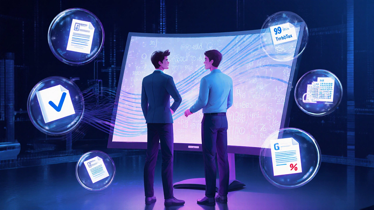 Analysts in a modern lab comparing TurboTax calculations to IRS data on a large screen.