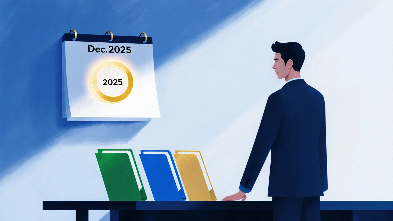 Borrower comparing lender folders beside a calendar marking December 2025.