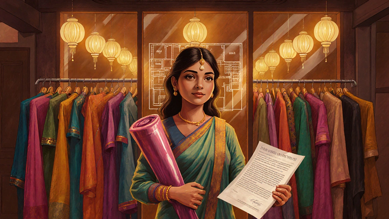 Boutique owner holding fabric and loan approval document in a lively Mumbai shop.