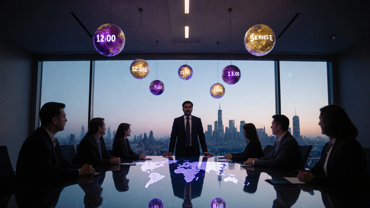 Cinematic boardroom scene with floating orbs symbolizing funding rounds.