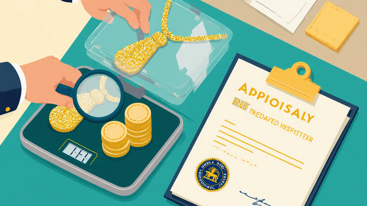 Dealer appraising gold necklace on a scale with an official certificate beside it.