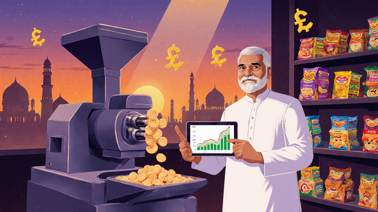 Delhi snack startup owner stands by an extruder, showing a revenue chart on a tablet with city skyline at dusk.