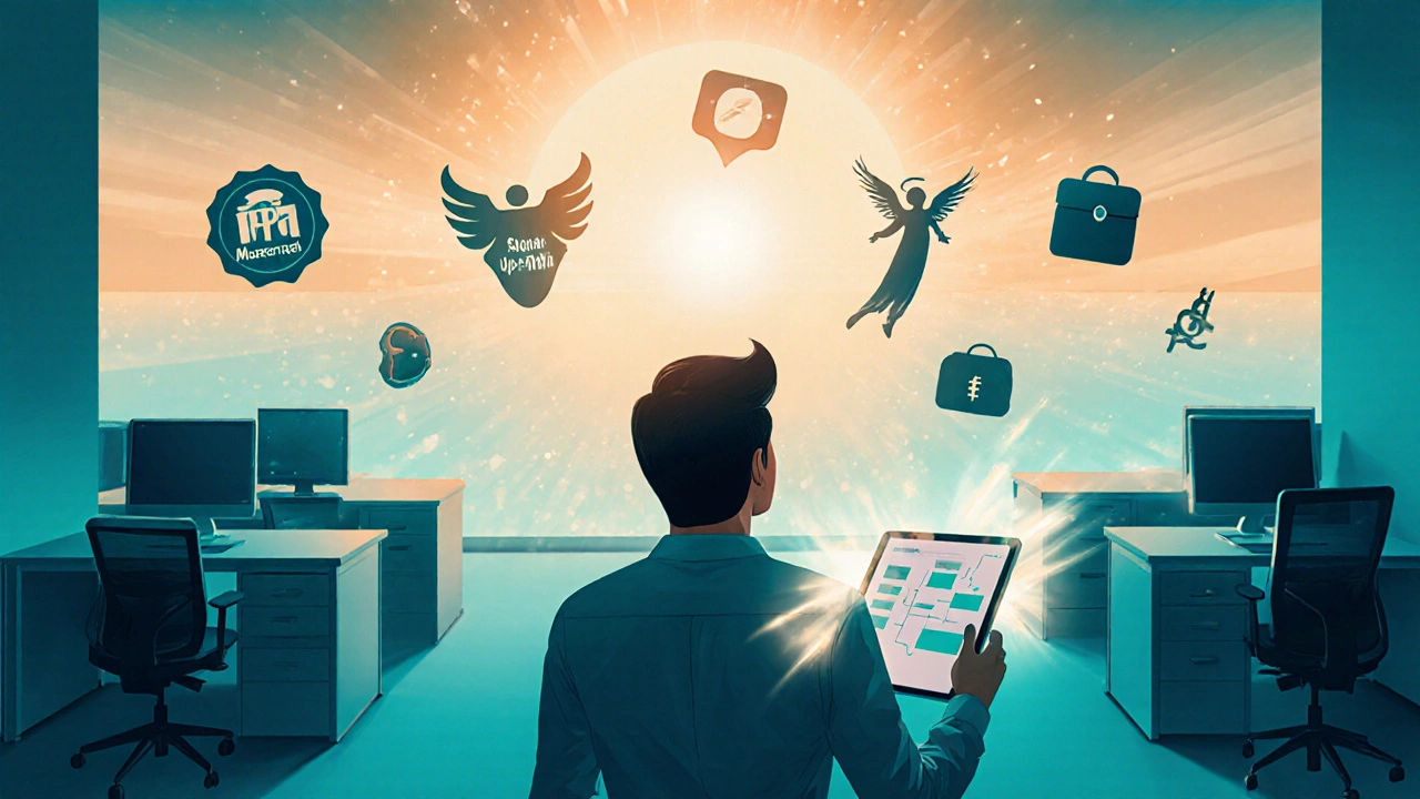 Entrepreneur looking toward floating symbols of funding sources.