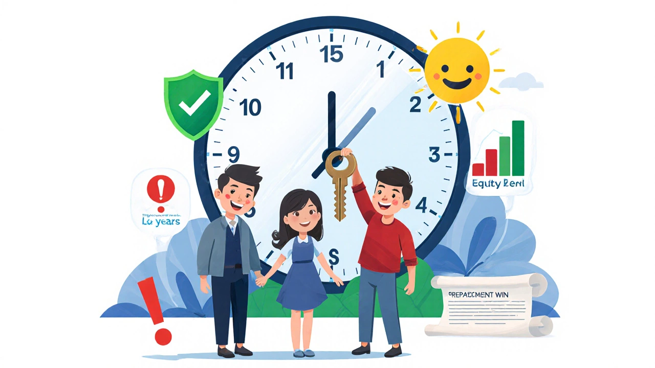 Family holding house keys beside a clock showing reduced loan years, with benefit and risk icons.