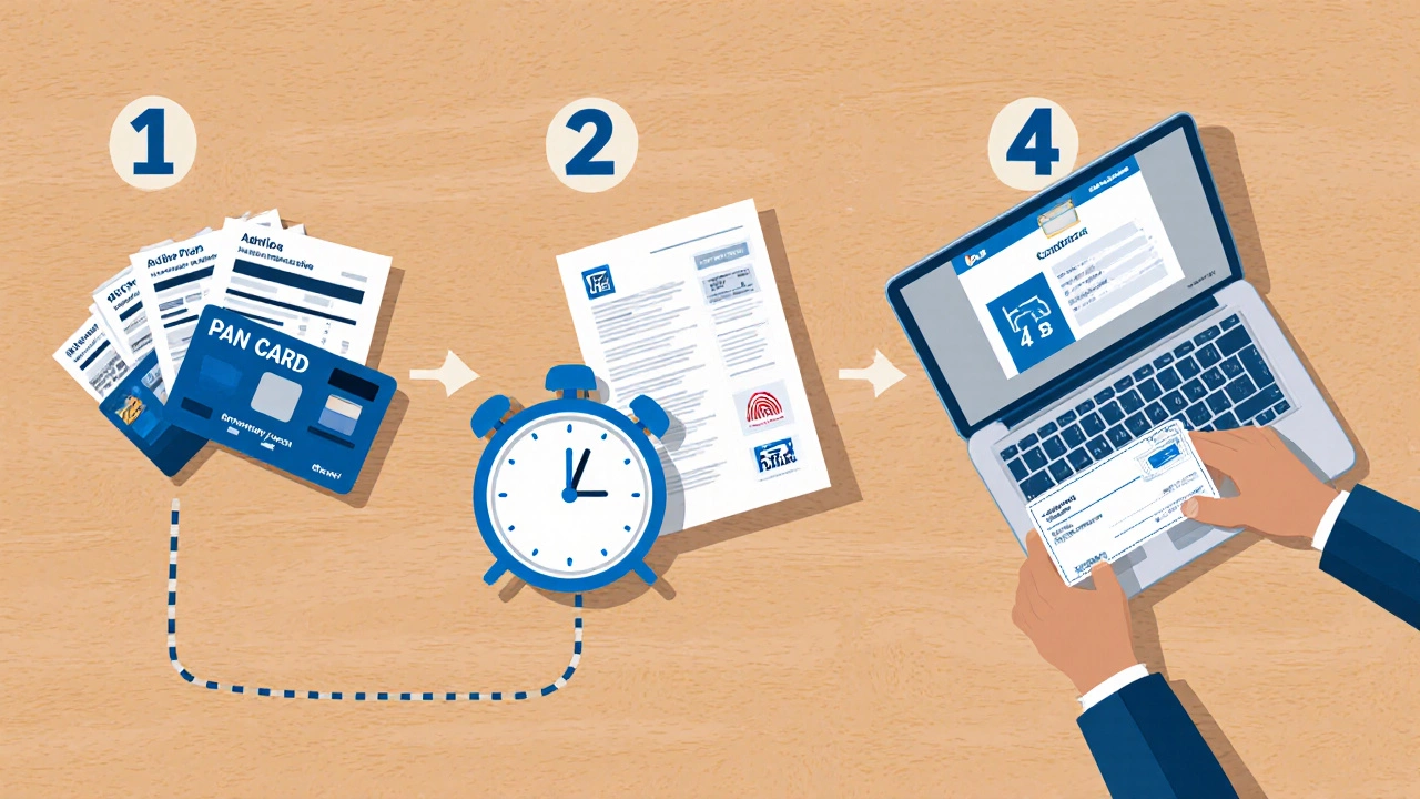Flat lay of documents, laptop, and clock representing the steps of applying for a Tarun loan.