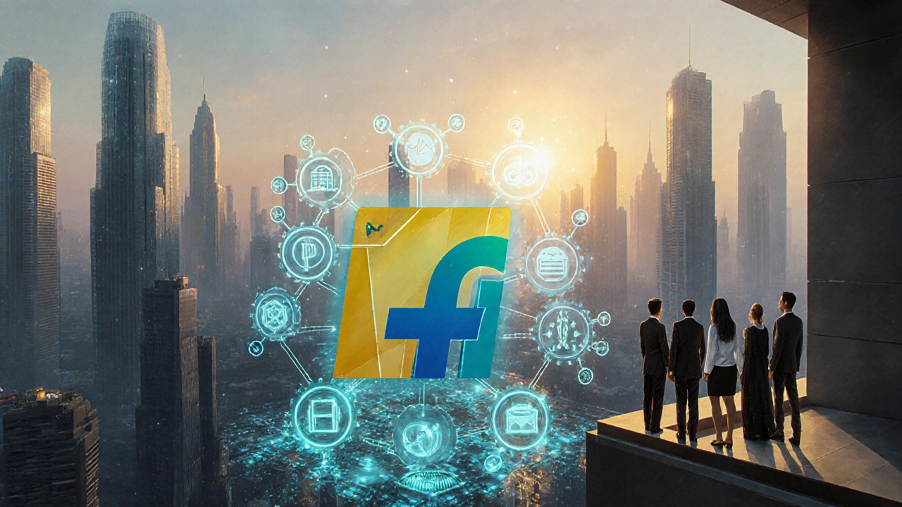 Futuristic Indian cityscape shows diverse startups inspired by Flipkart's legacy.