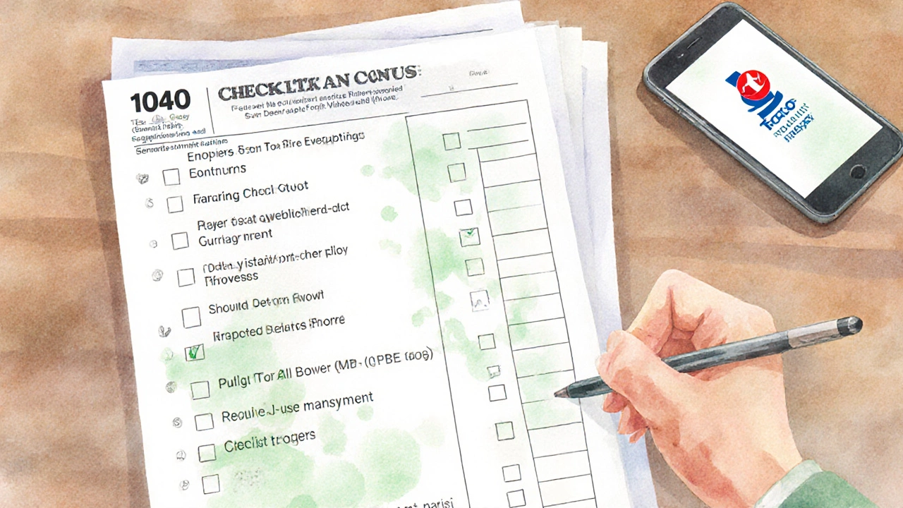 Hand checking items off a list next to a Form 1040 in a watercolor style.