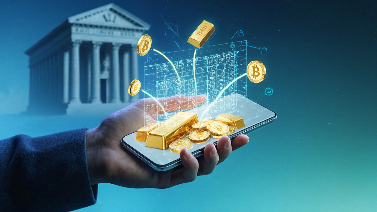 Hand holding smartphone projecting holographic gold ledger and data streams.