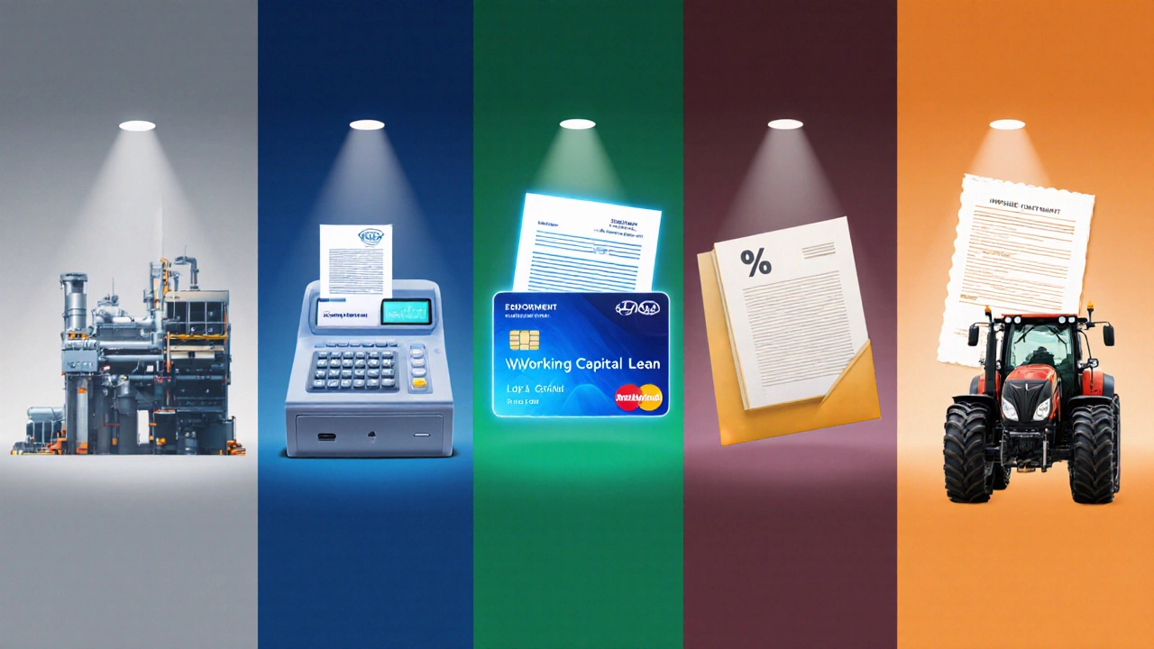 Illustrated panels showing six different small‑business loan types with corresponding objects.