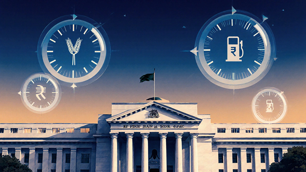 Illustrated RBI building with floating gauges symbolizing repo rate and inflation.