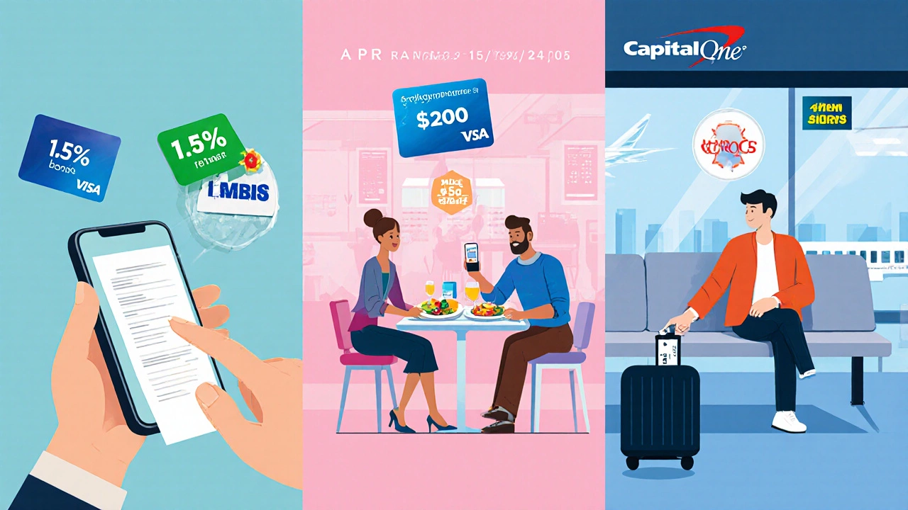 Illustration of grocery shopping, restaurant dining, and travel scenes showing cash back, dining, and miles rewards.