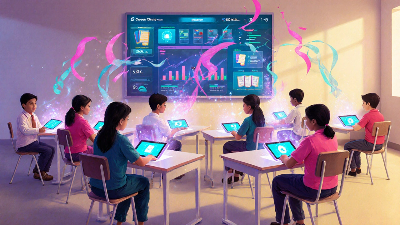Illustration of Indian students using AI‑powered holographic tablets in a classroom.