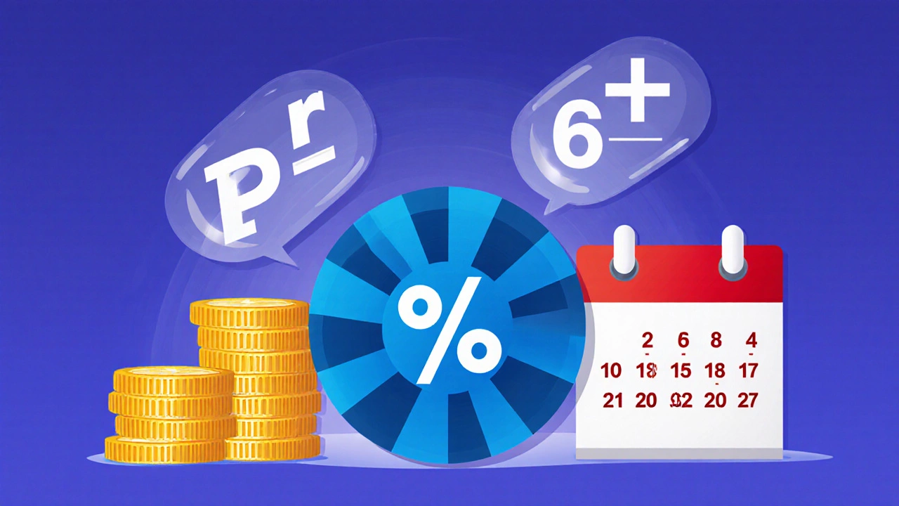 Illustration of money stack, percentage dial, calendar, and floating EMI formula symbols.