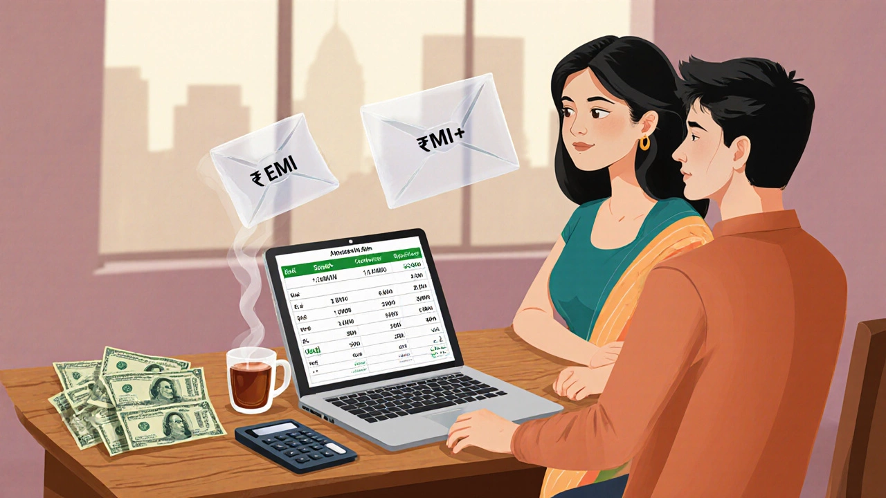 Indian couple reviewing loan spreadsheet with calculator and extra EMI envelopes.