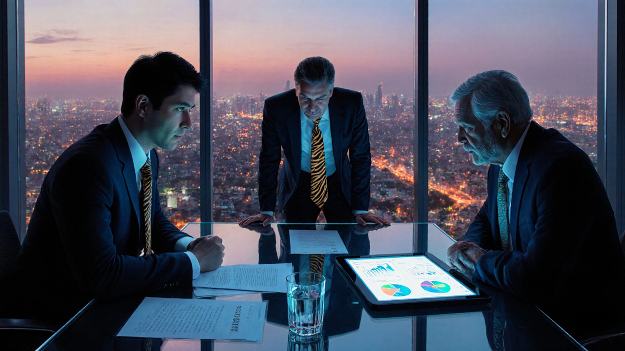 Investors and founders meet in a glass conference room overlooking Mumbai at dusk.