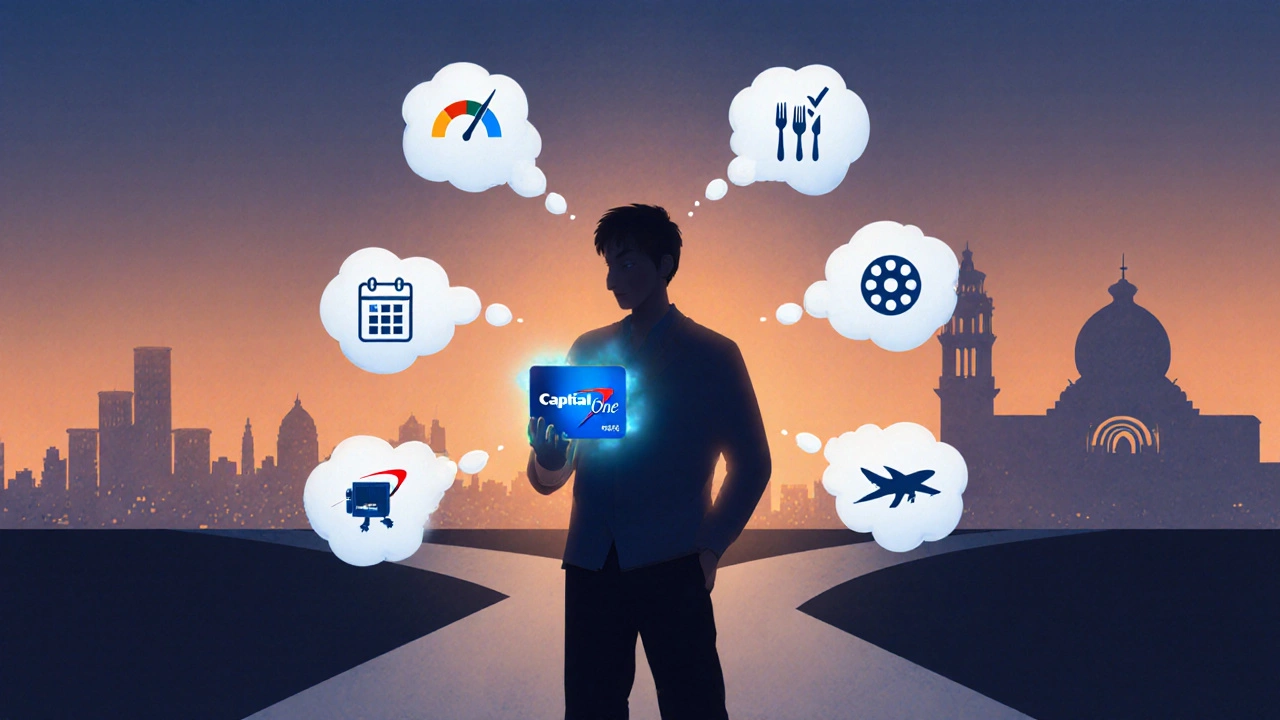 Person at a crossroads with thought bubbles showing credit score, payment, dining, travel, and cash back icons.