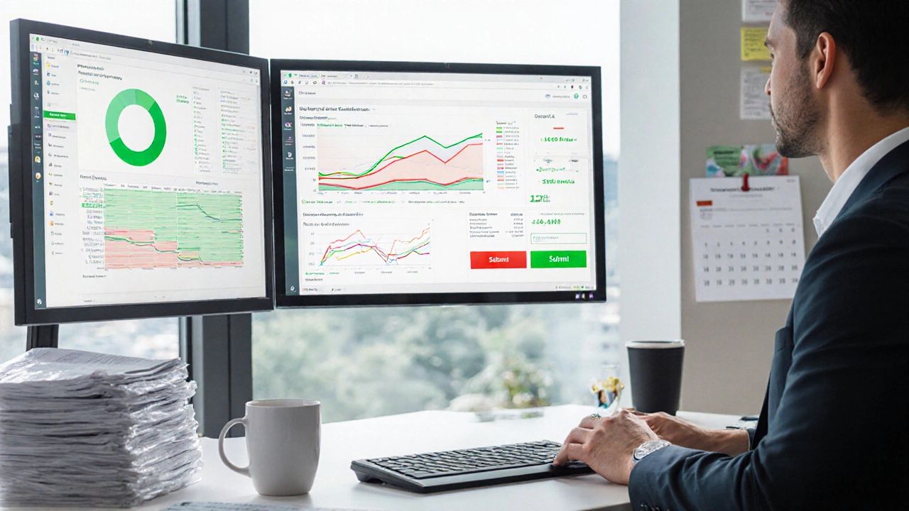 Photorealistic office with accountant reviewing GST return dashboard.