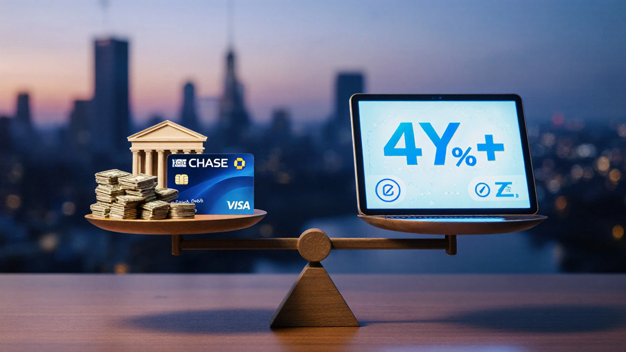 Scale balancing cash and Chase card against high‑yield online savings tablet.