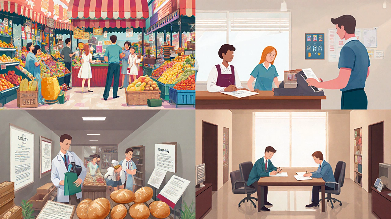 Split-screen illustration of taxable market, exempt school and hospital, nil‑rated fruit stall, and out‑of‑scope land deed.