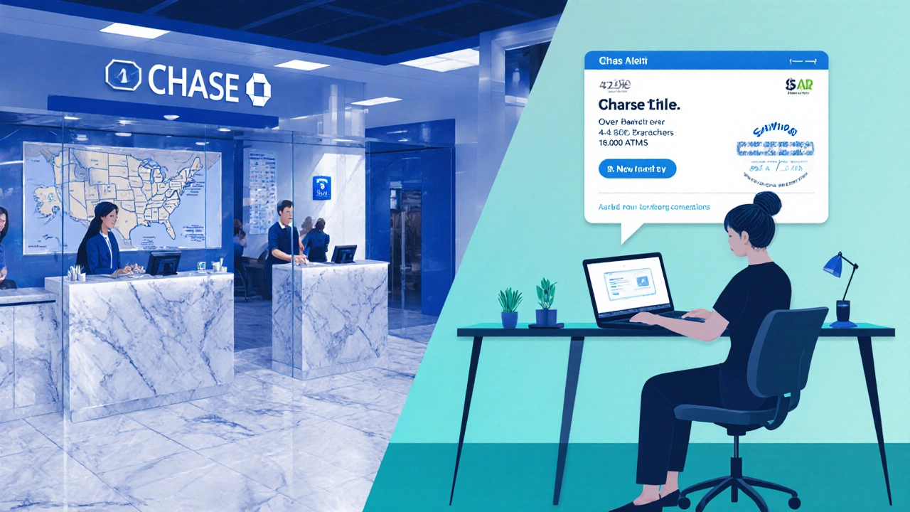 Split view of Chase branch with teller and home office using online bank app.