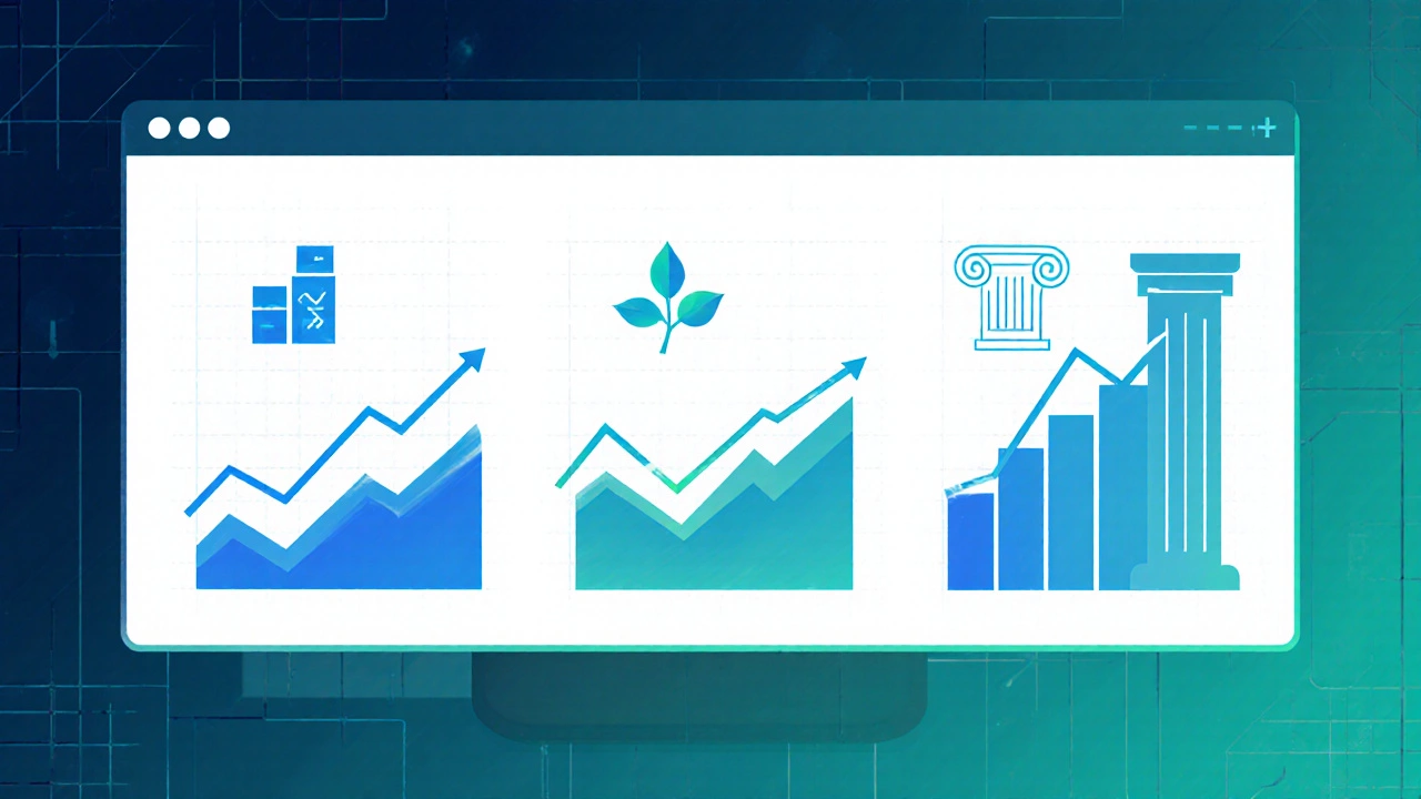 Stylized dashboard with rising charts and icons representing mid‑cap, small‑cap, large‑cap fund performance.