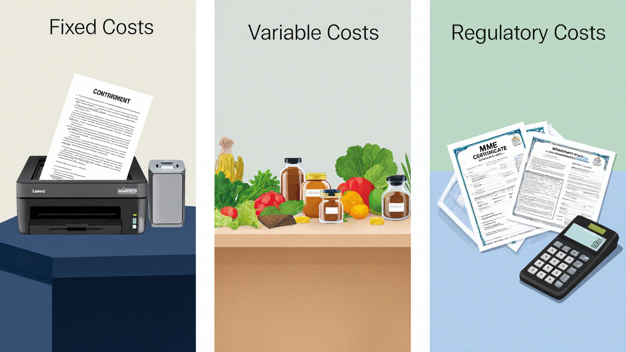 Three workspaces illustrating fixed, variable, and regulatory costs.