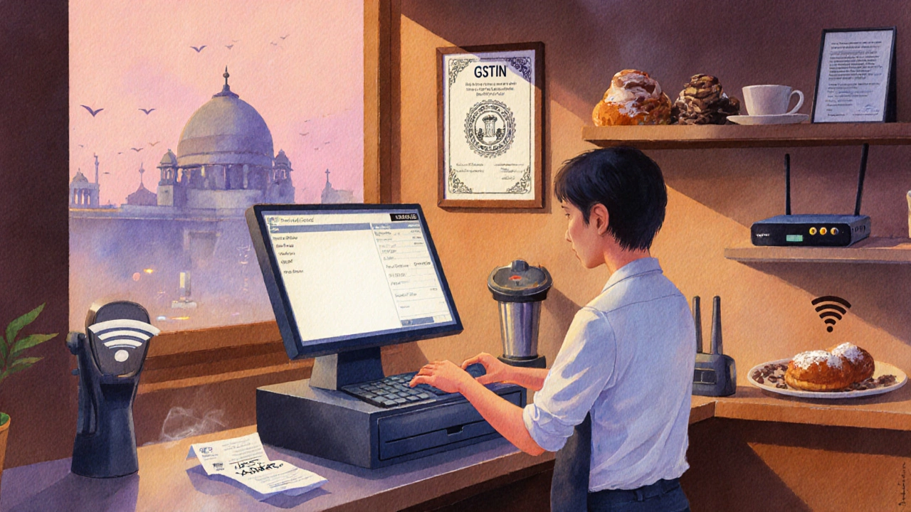 Watercolor of a café with POS terminal, receipt, coffee beans, and subtle government building hint.