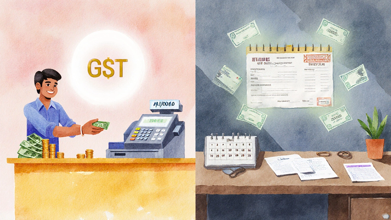 Watercolor split view comparing cash‑basis and accrual‑basis GST accounting.