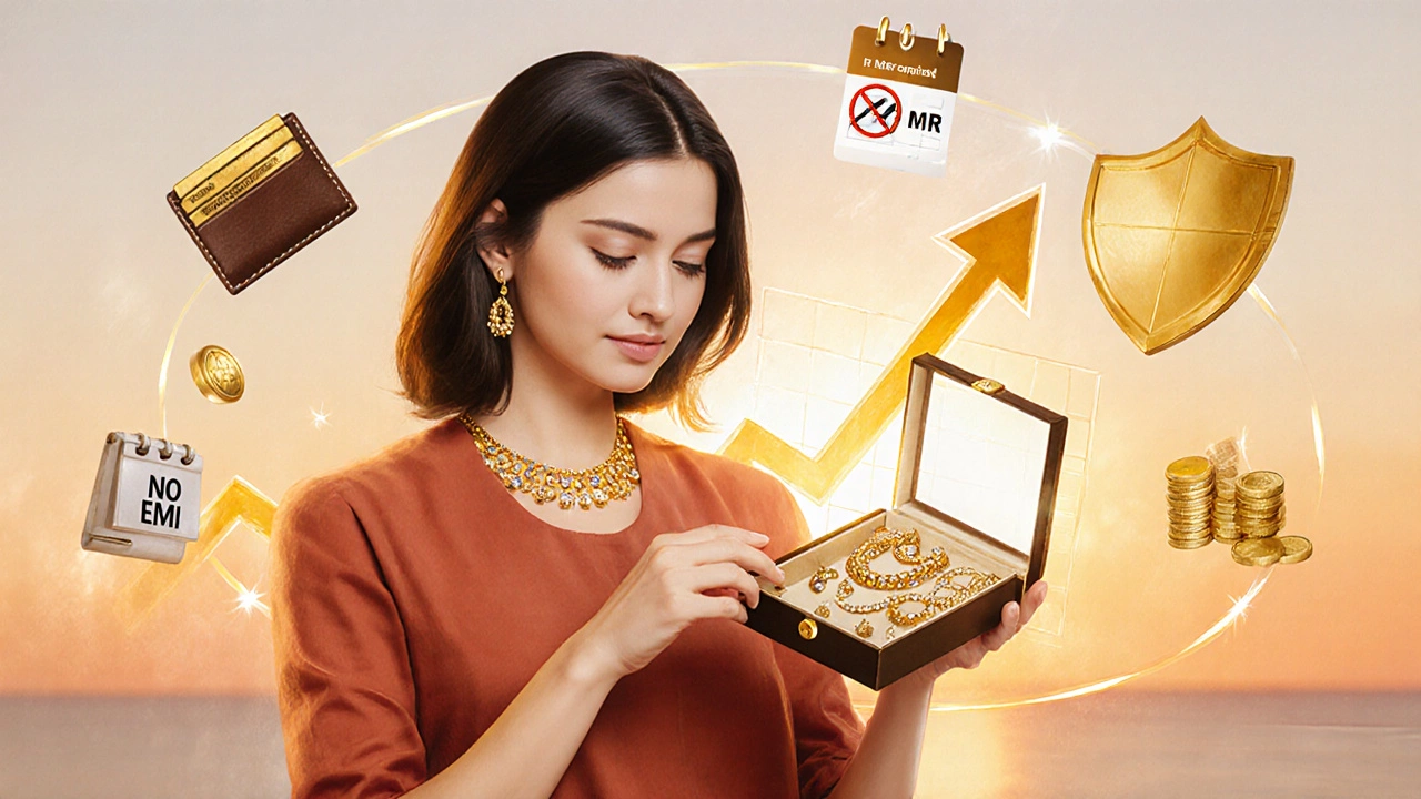 Woman opening a jewelry box with floating icons showing credit boost and savings.